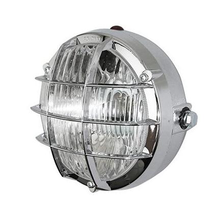 156195 PHARE-PROJECTEUR CYCLO UNIVERSEL ROND AVEC GRILLE DIAM 105mm CHROME (EMPLACEMENT 2 AMPOULES P26s + TEMOIN) -HOMOLOGUE- 