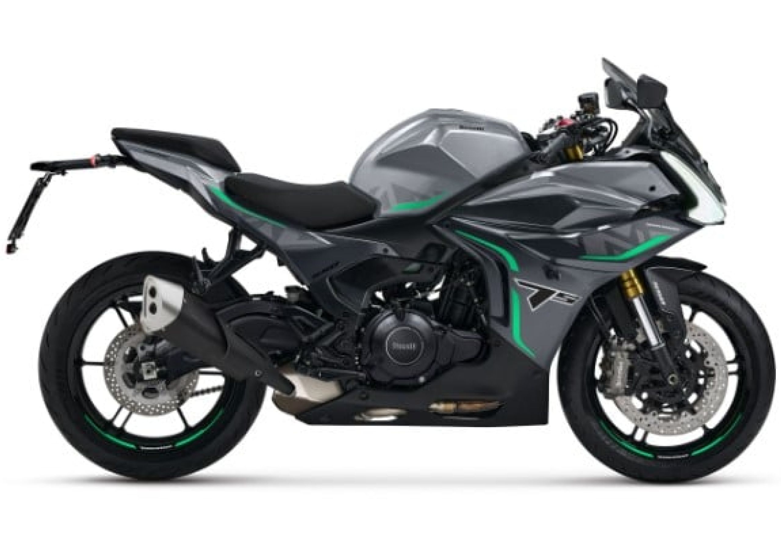 Voici la moto sportive de Benelli, la Tornado 550 de couleur Grise avec sa finition Vert.