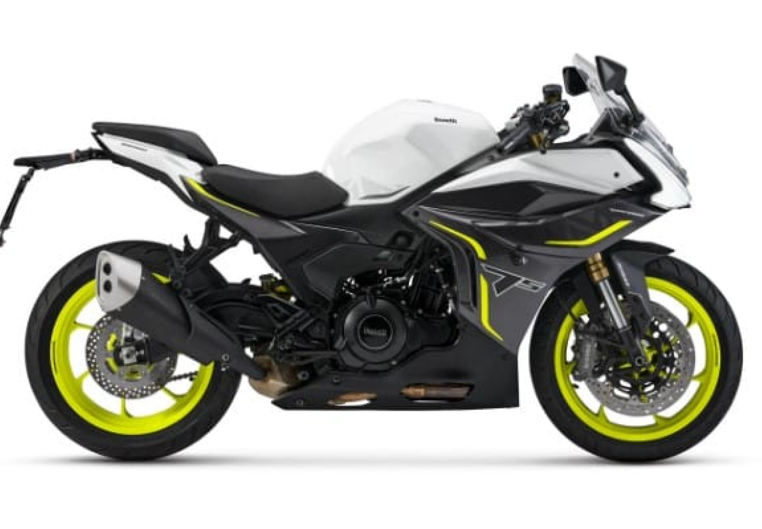 Voici la moto sportive de Benelli, la Tornado 550 de couleur Blanche et grise avec sa finition Jaune.